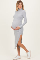 Light Grey Ribbed Knit Turtleneck Side Slit Maternity Dress