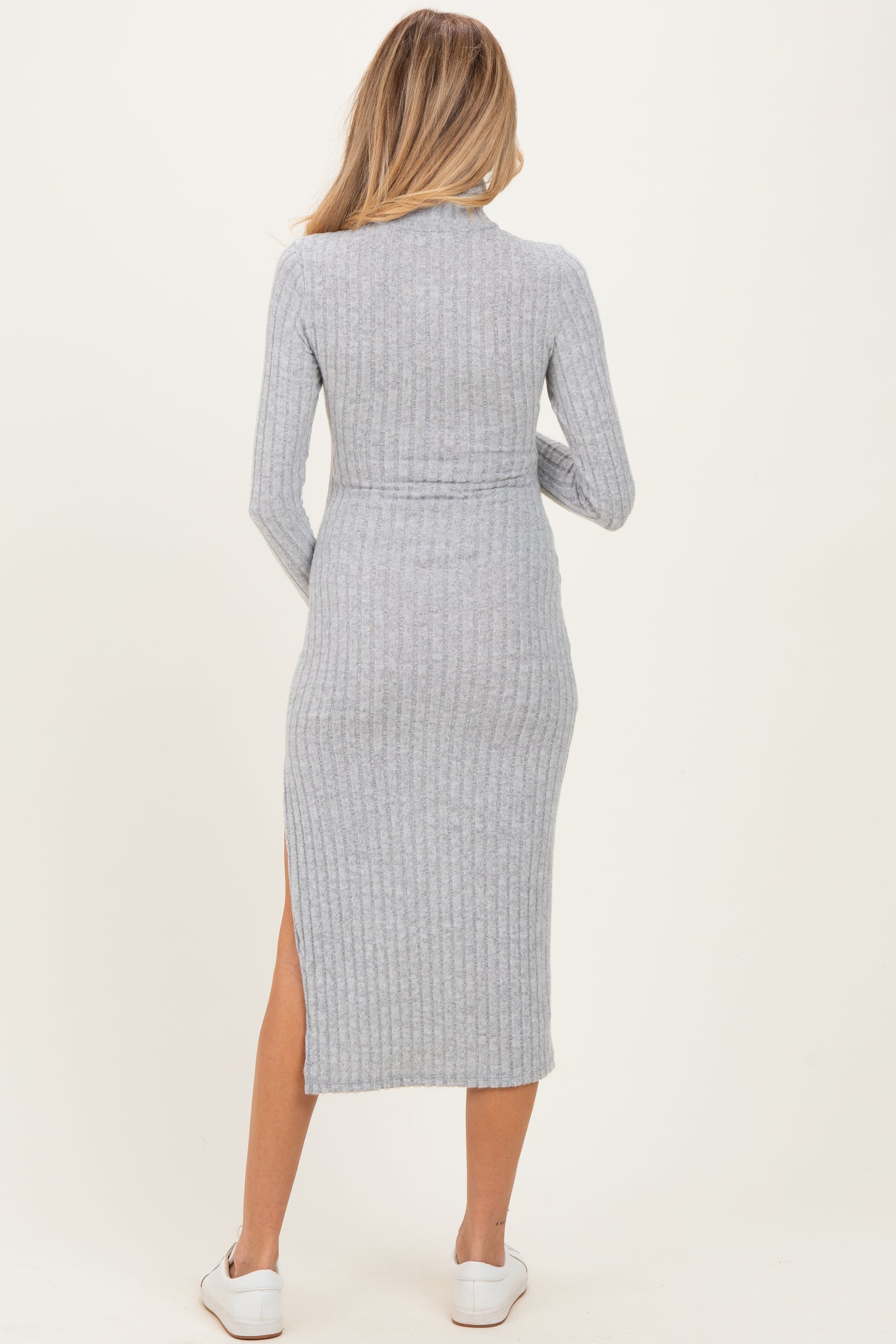 Light Grey Ribbed Knit Turtleneck Side Slit Maternity Dress