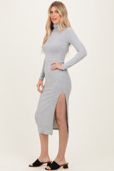 Light Grey Ribbed Knit Turtleneck Side Slit Dress
