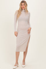 Beige Ribbed Knit Turtleneck Side Slit Dress