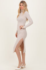 Beige Ribbed Knit Turtleneck Side Slit Dress