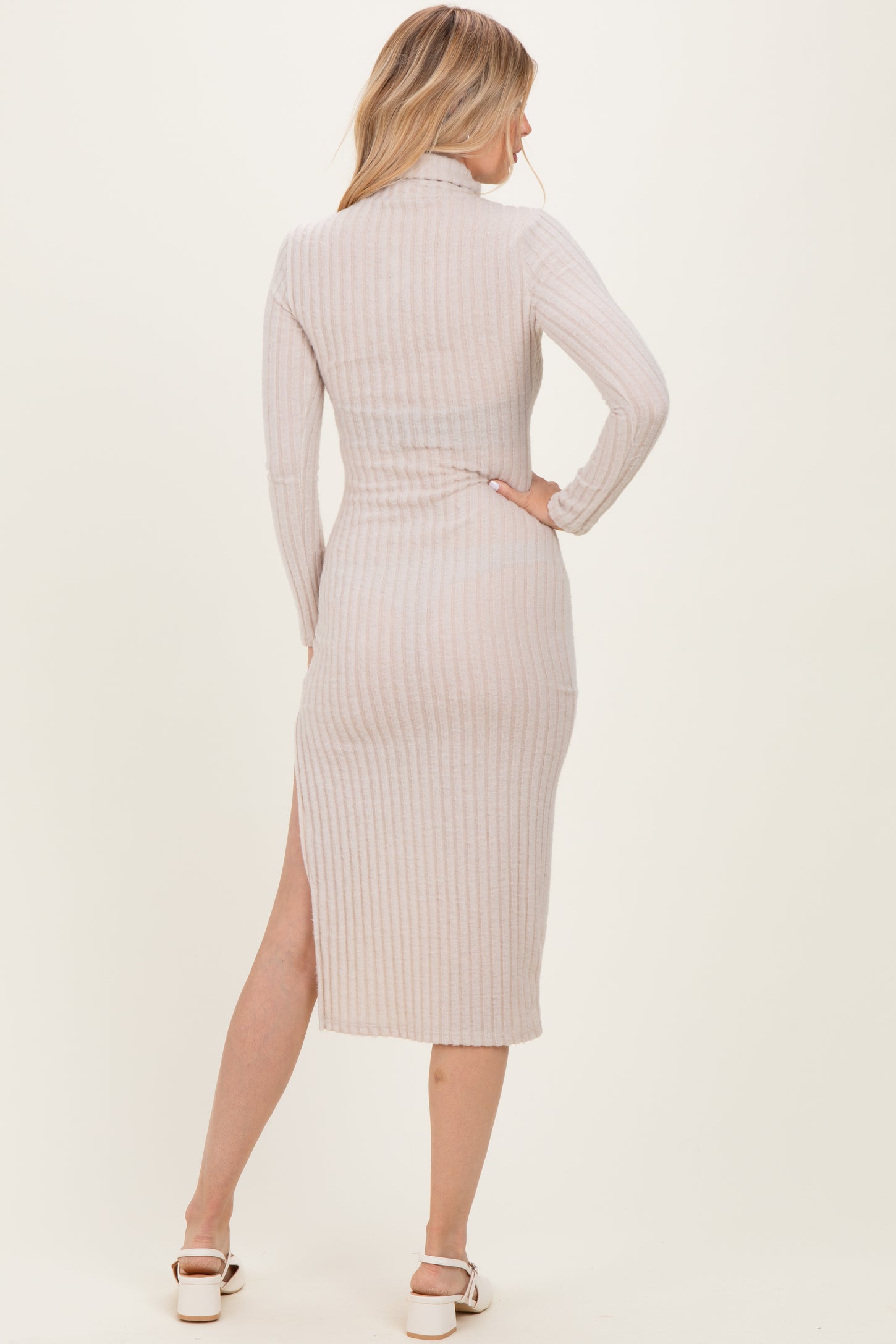 Beige Ribbed Knit Turtleneck Side Slit Dress