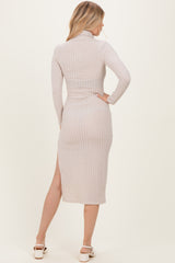 Beige Ribbed Knit Turtleneck Side Slit Dress