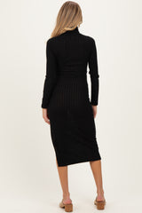 Black Ribbed Knit Turtleneck Side Slit Maternity Dress
