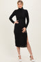 Black Ribbed Knit Turtleneck Side Slit Dress