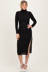 Black Ribbed Knit Turtleneck Side Slit Dress