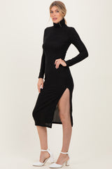 Black Ribbed Knit Turtleneck Side Slit Dress