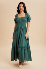 Forest Green Smocked Button Down Maxi Dress