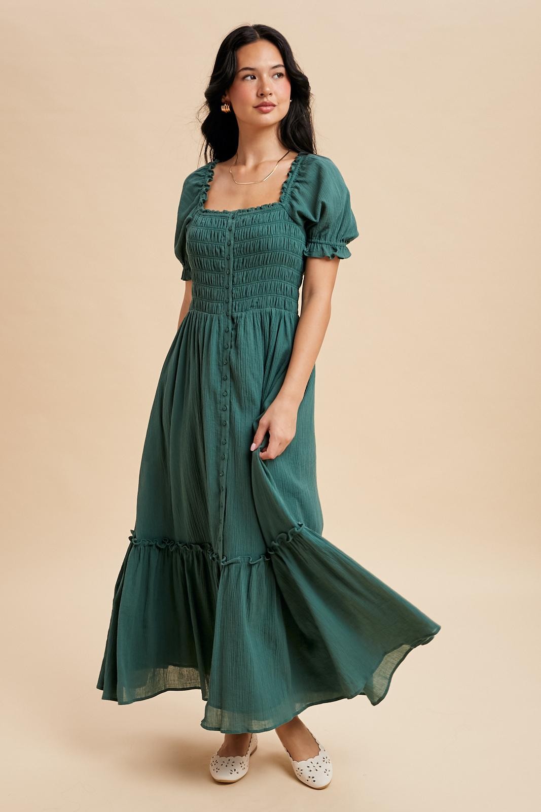 Forest Green Smocked Button Down Maxi Dress