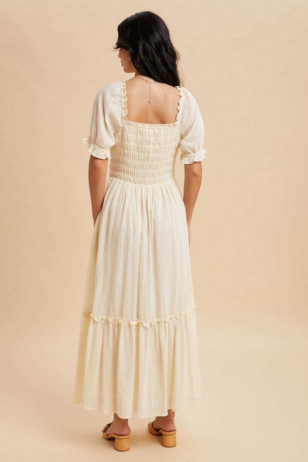 Light Yellow Smocked Button Down Maxi Dress