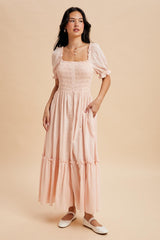 Light Pink Smocked Button Down Maxi Dress