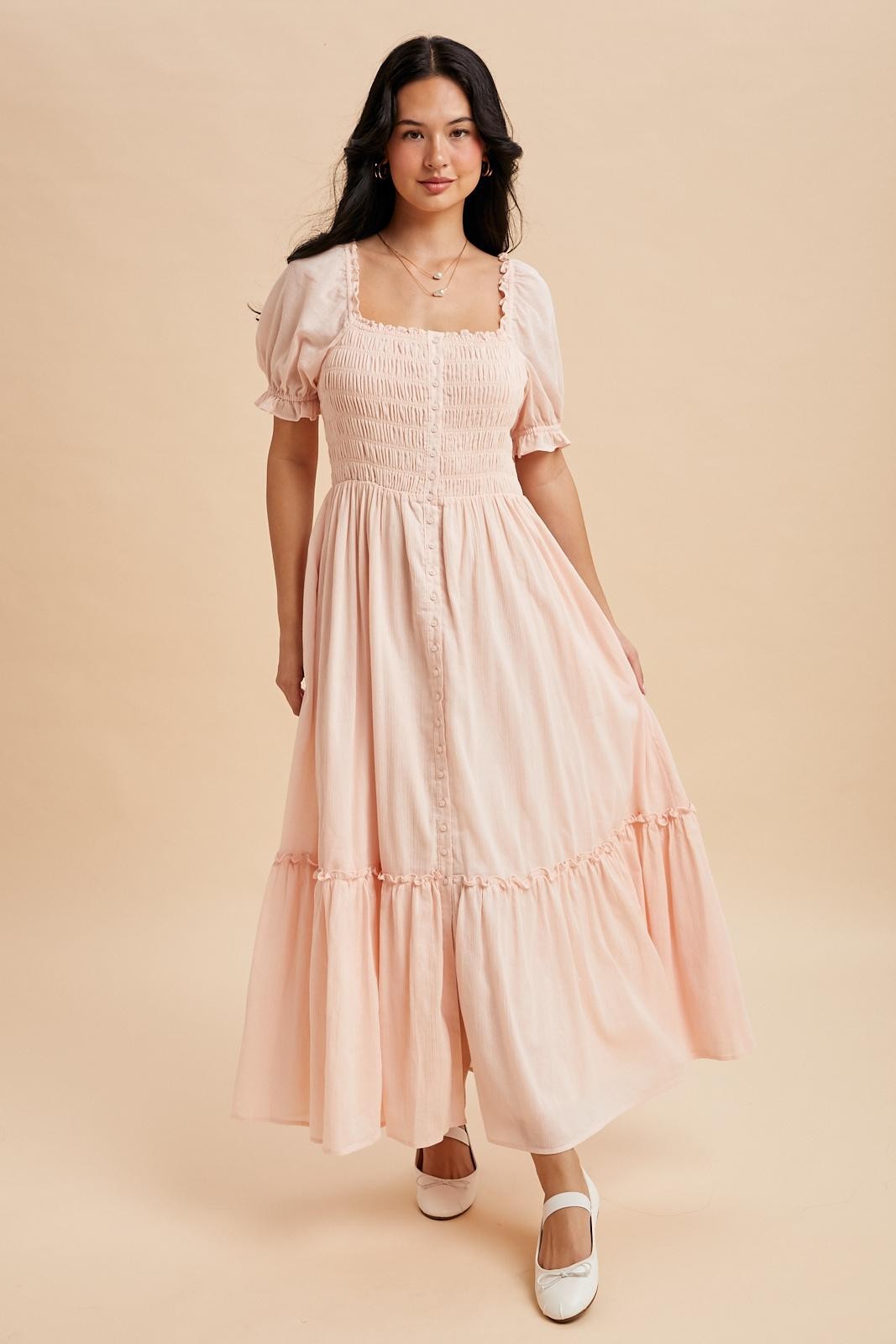 Light Pink Smocked Button Down Maxi Dress