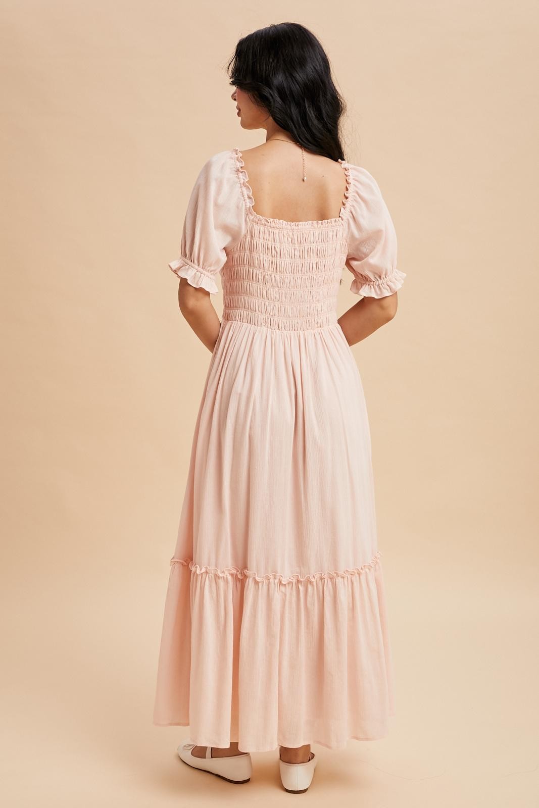 Light Pink Smocked Button Down Maxi Dress