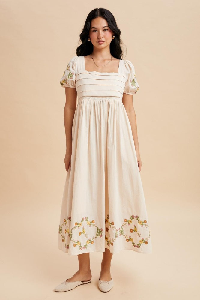 Creme Embroidered Floral Pleated Bodice Maxi Dress