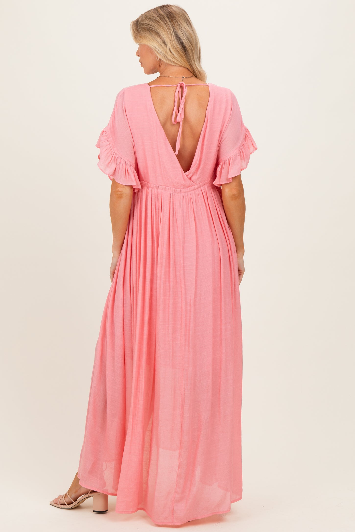 Pink Button Down Deep V-Neck Maternity Maxi Dress