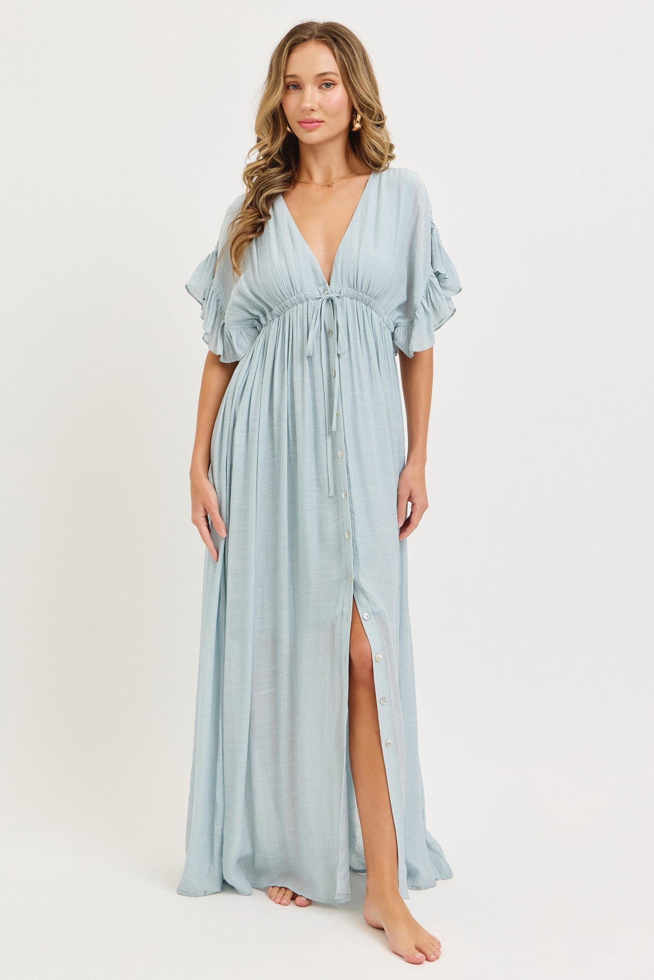 Light Blue Button Down Deep V-Neck Maternity Maxi Dress