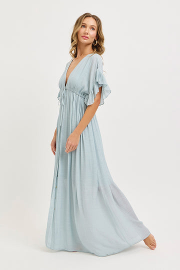 Light Blue Button Down Deep V-Neck Maxi Dress