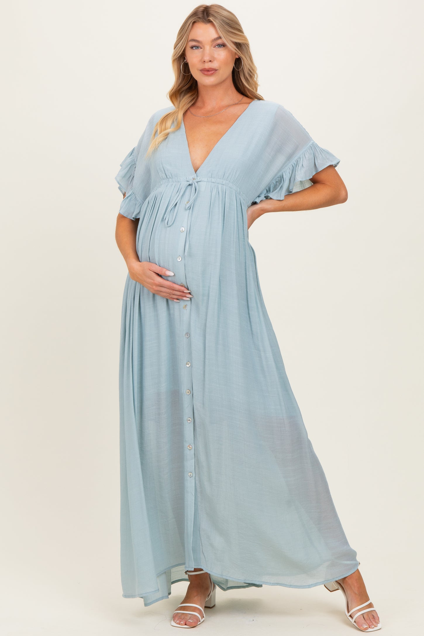 Light Blue Button Down Deep V-Neck Maternity Maxi Dress