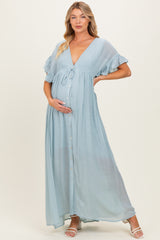 Light Blue Button Down Deep V-Neck Maternity Maxi Dress
