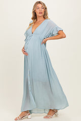 Light Blue Button Down Deep V-Neck Maternity Maxi Dress