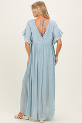 Light Blue Button Down Deep V-Neck Maternity Maxi Dress