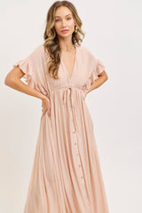 Light Pink Button Down Deep V-Neck Maxi Dress