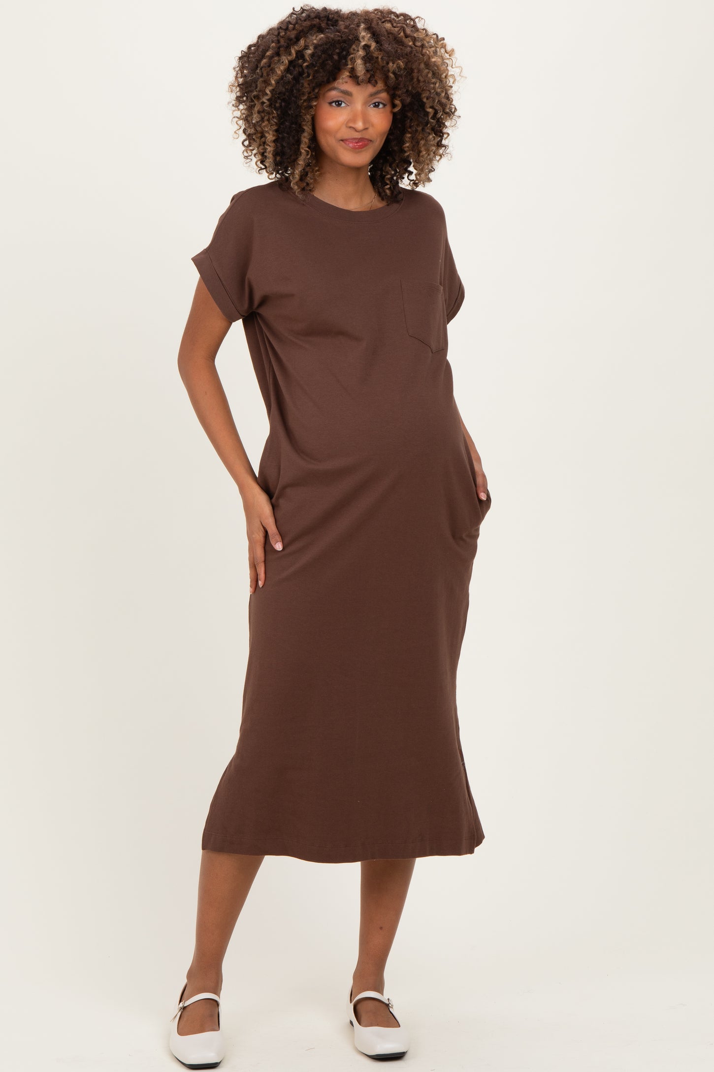 Brown Pocket Front Maternity Midi T-Shirt Dress
