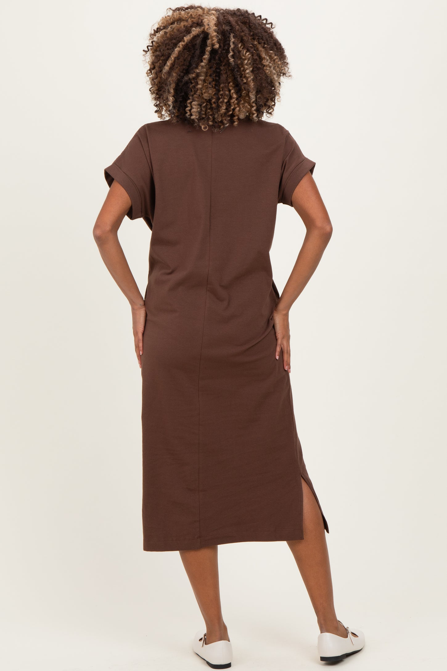 Brown Pocket Front Maternity Midi T-Shirt Dress
