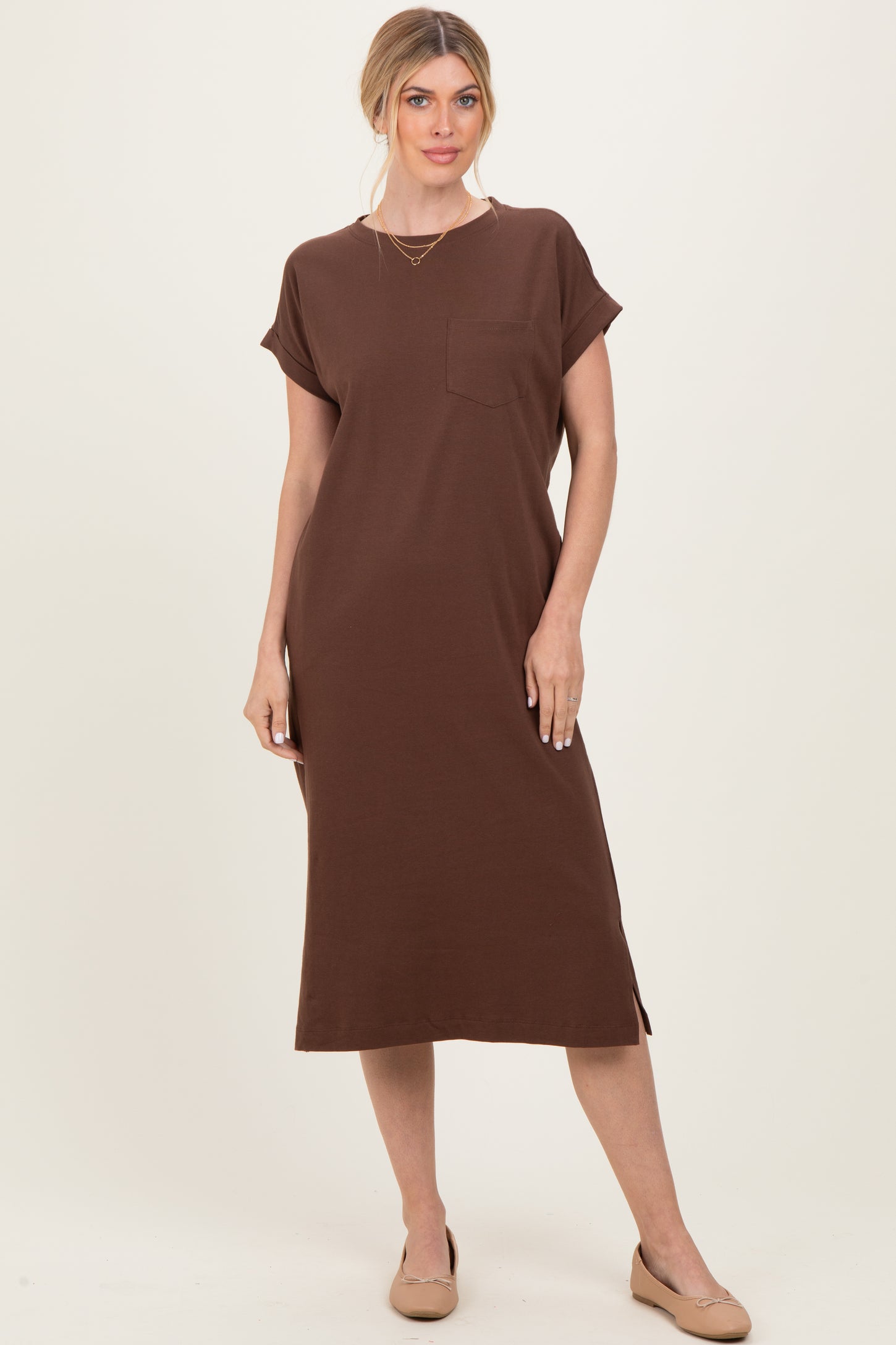 Brown Pocket Front Maternity Midi T-Shirt Dress