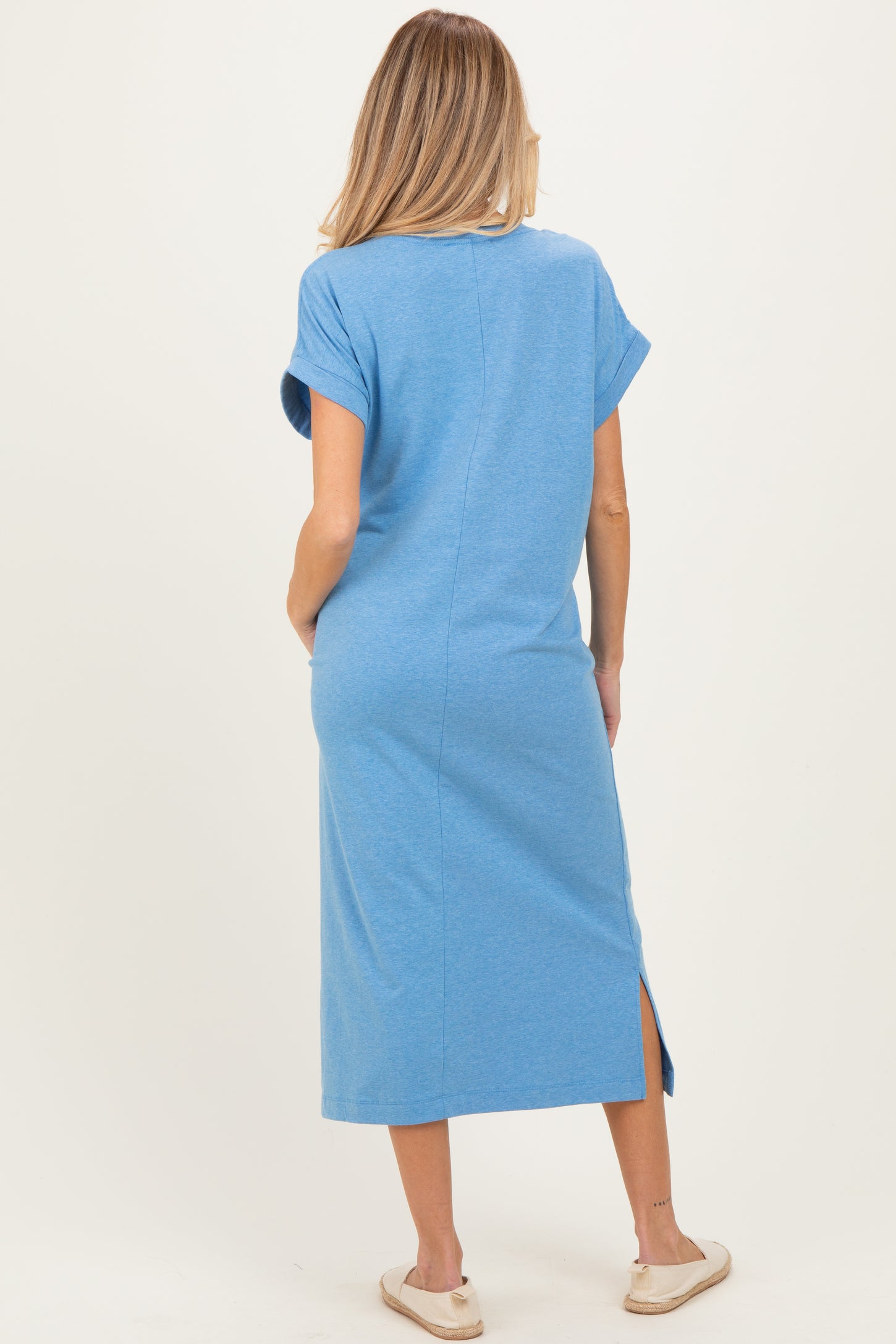 Dusty Blue Pocket Front Maternity Midi T-Shirt Dress