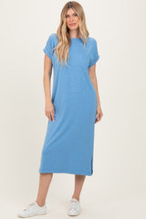 Dusty Blue Pocket Front Maternity Midi T-Shirt Dress