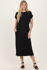 Black Pocket Front Maternity Midi T-Shirt Dress