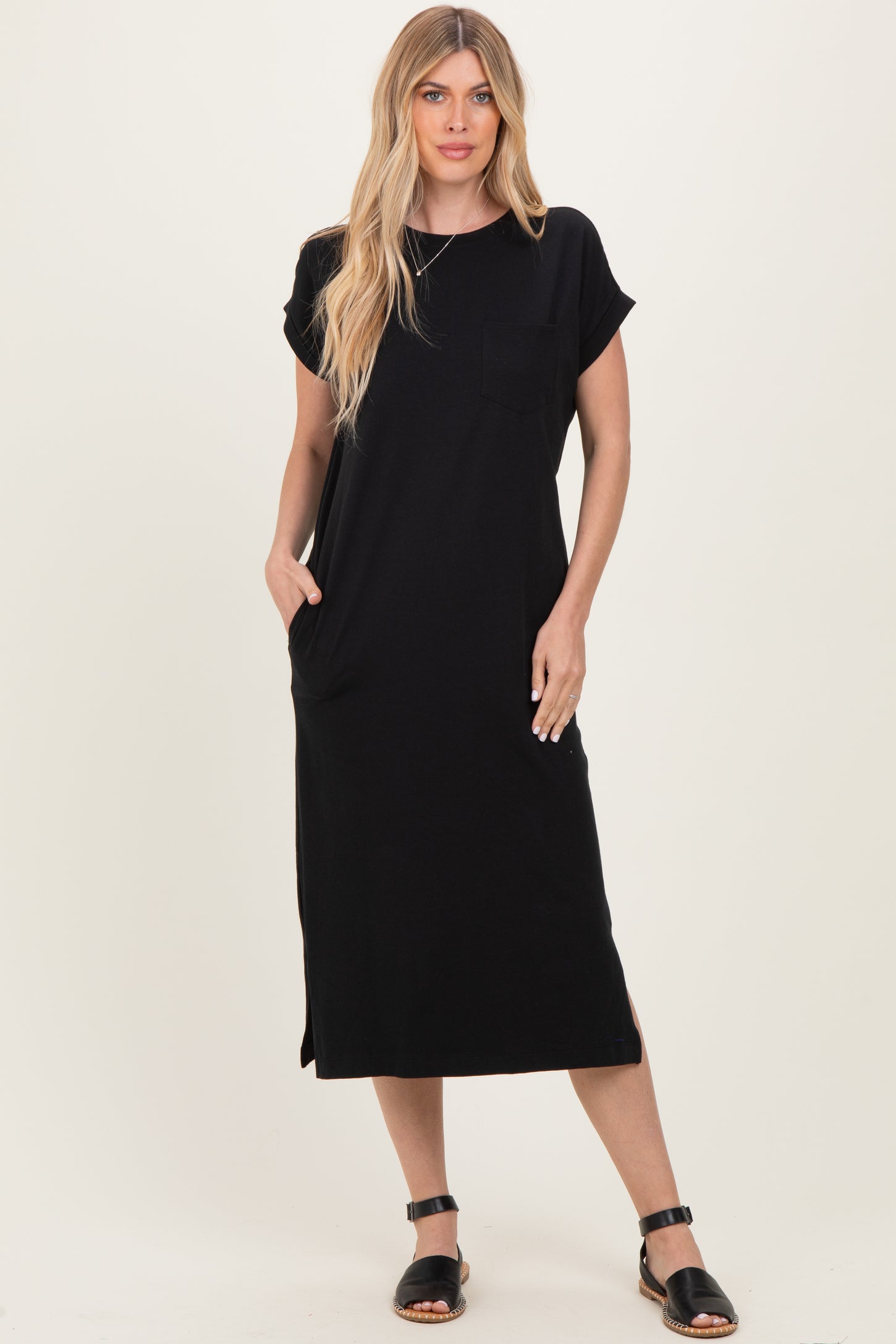 Black Pocket Front Maternity Midi T-Shirt Dress