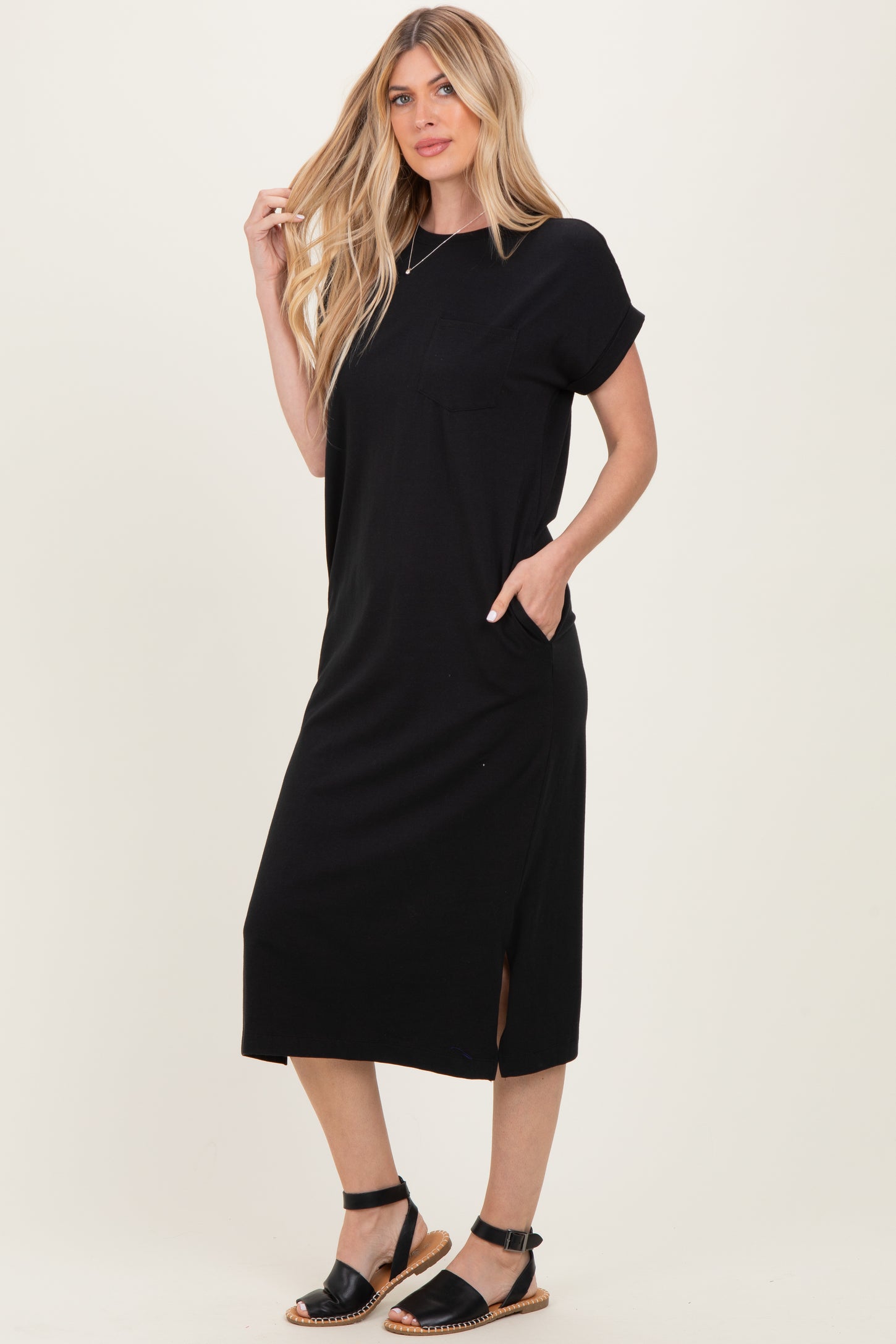 Black Pocket Front Midi T-Shirt Dress