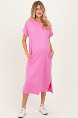 Pink Pocket Front Maternity Midi T-Shirt Dress