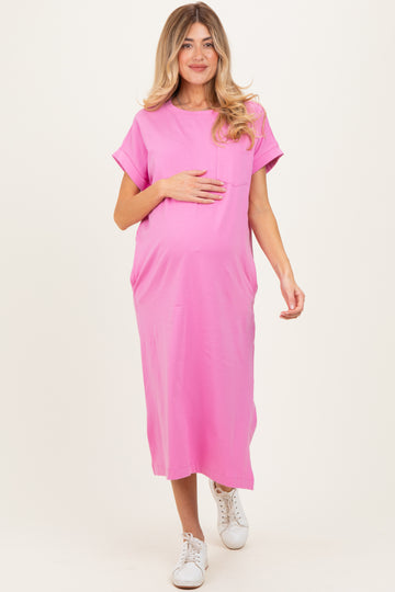 Pink Pocket Front Maternity Midi T-Shirt Dress