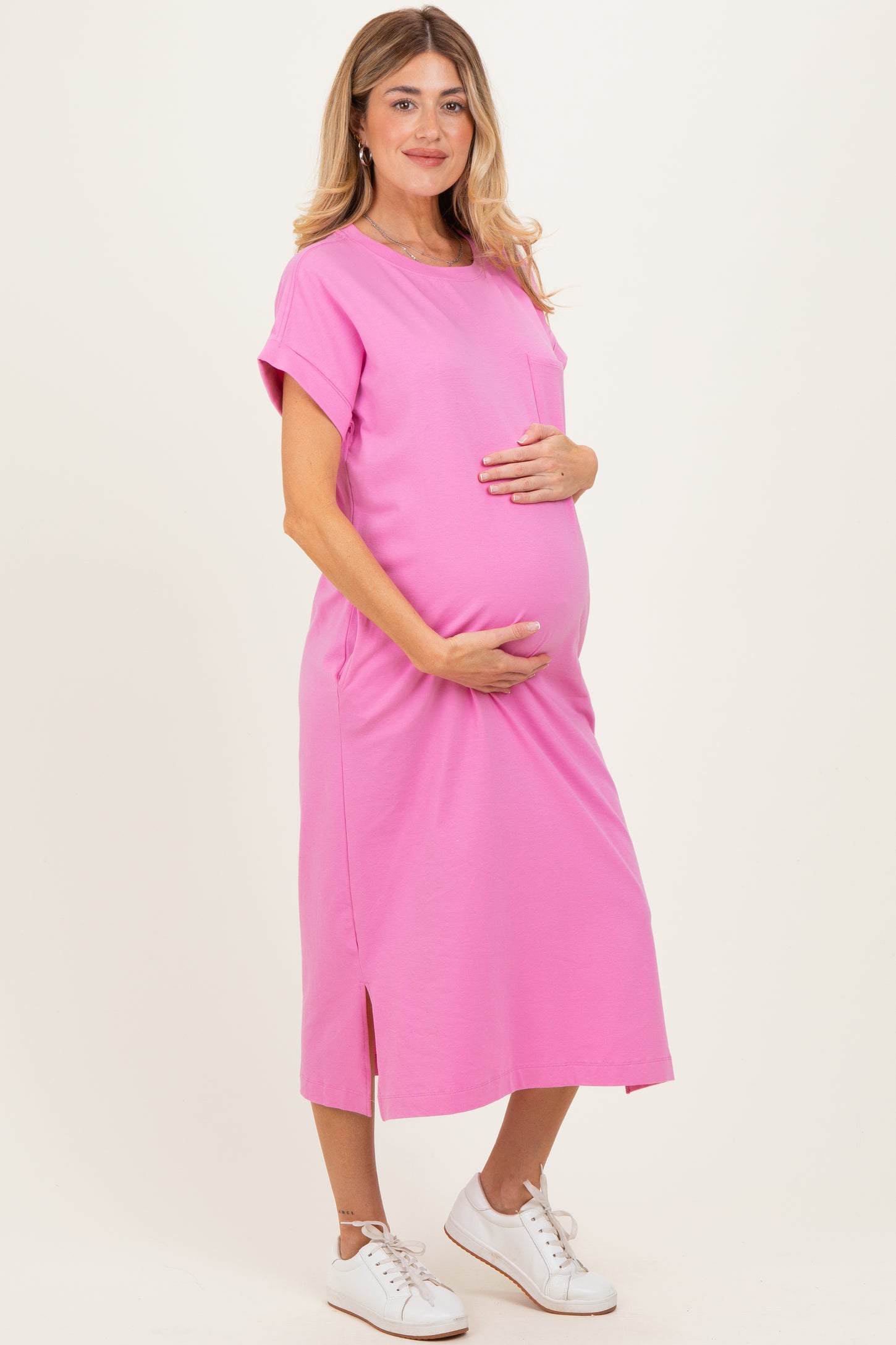 Pink Pocket Front Maternity Midi T-Shirt Dress