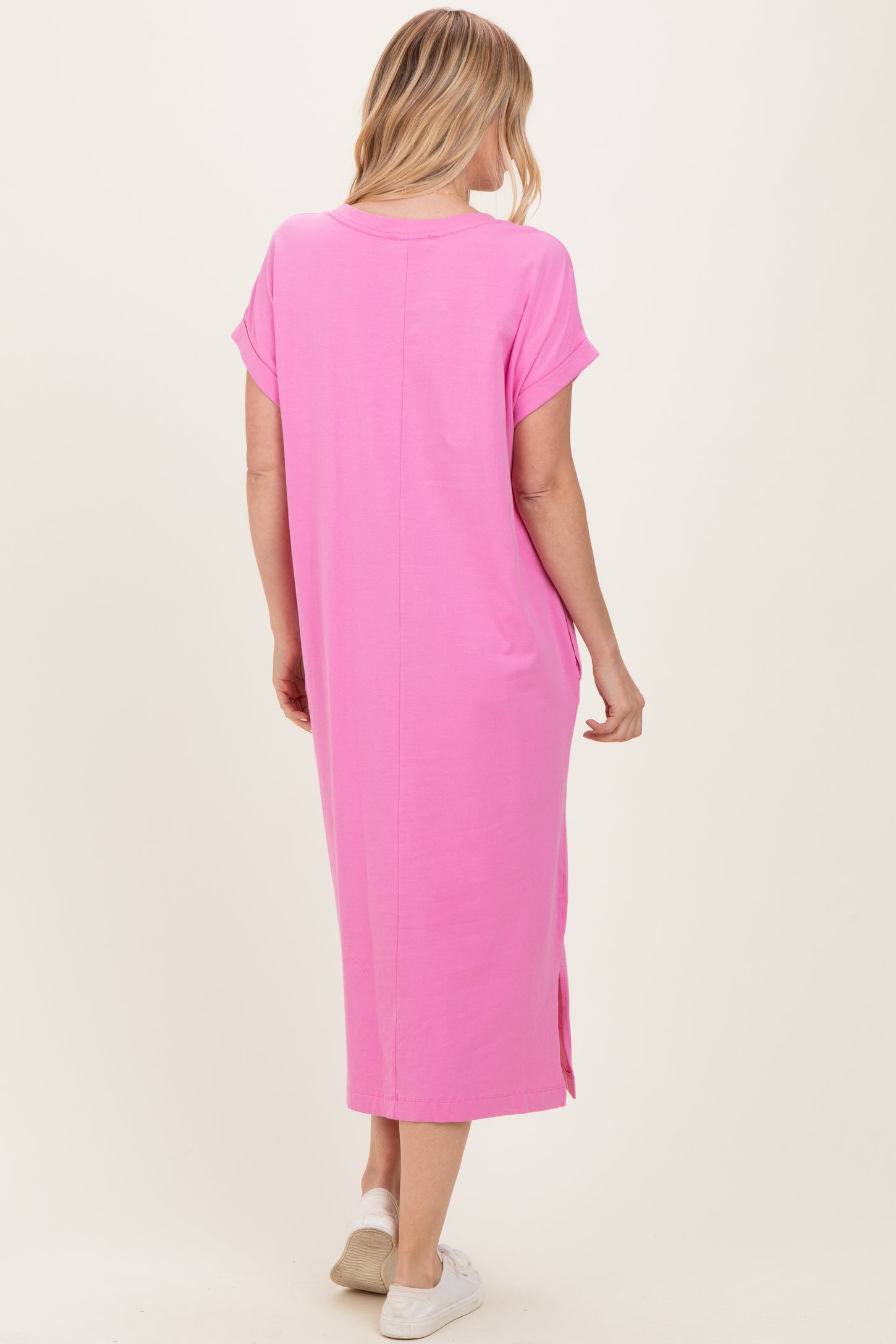 Pink Pocket Front Midi T-Shirt Dress