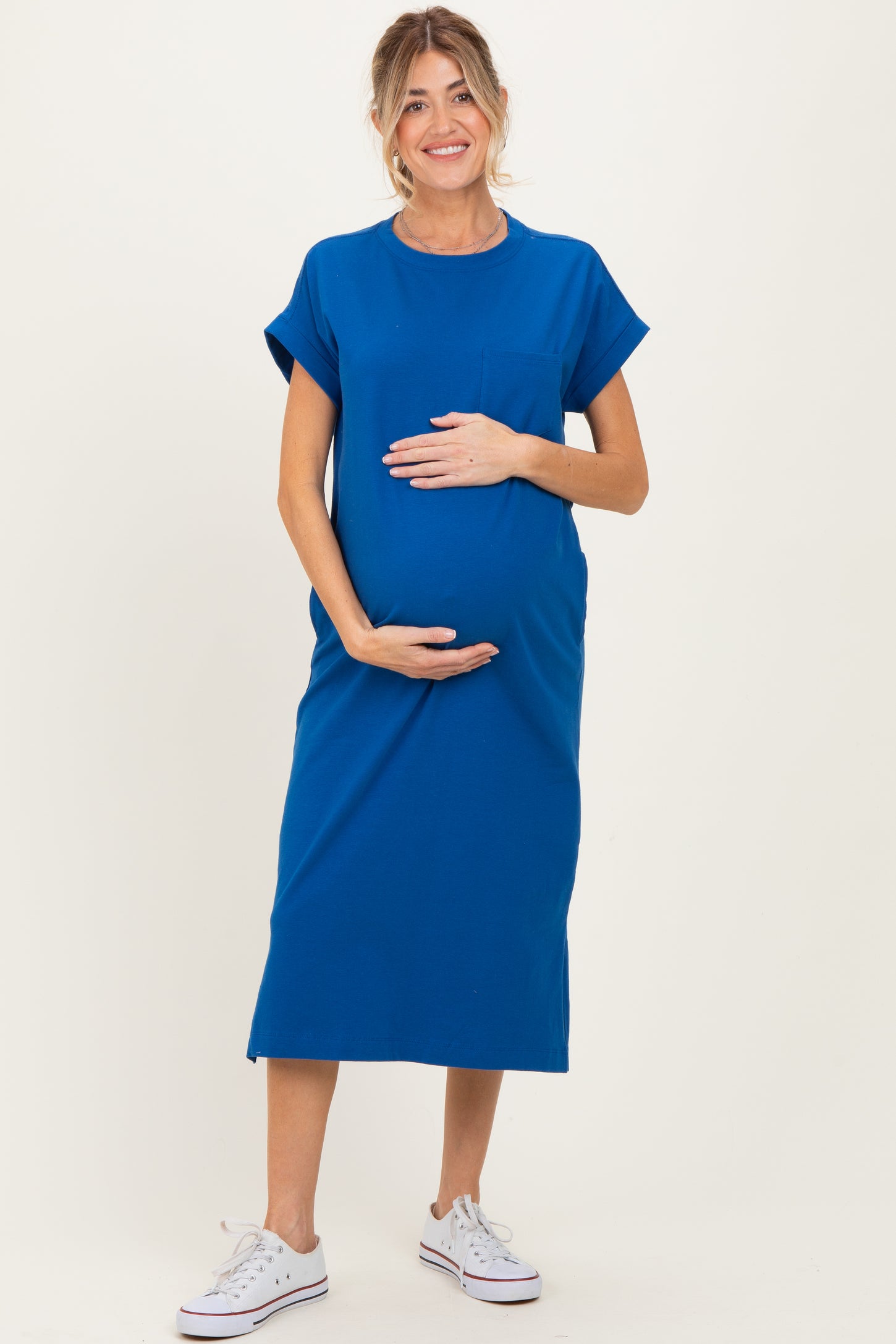 Royal Blue Pocket Front Maternity Midi T-Shirt Dress