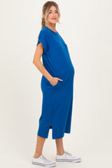 Royal Blue Pocket Front Maternity Midi T-Shirt Dress