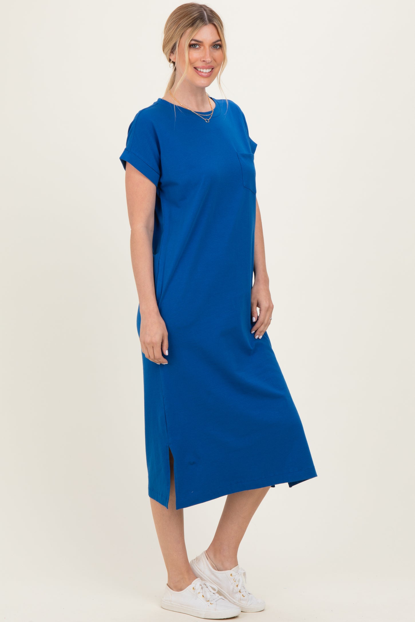 Royal Blue Pocket Front Midi T-Shirt Dress