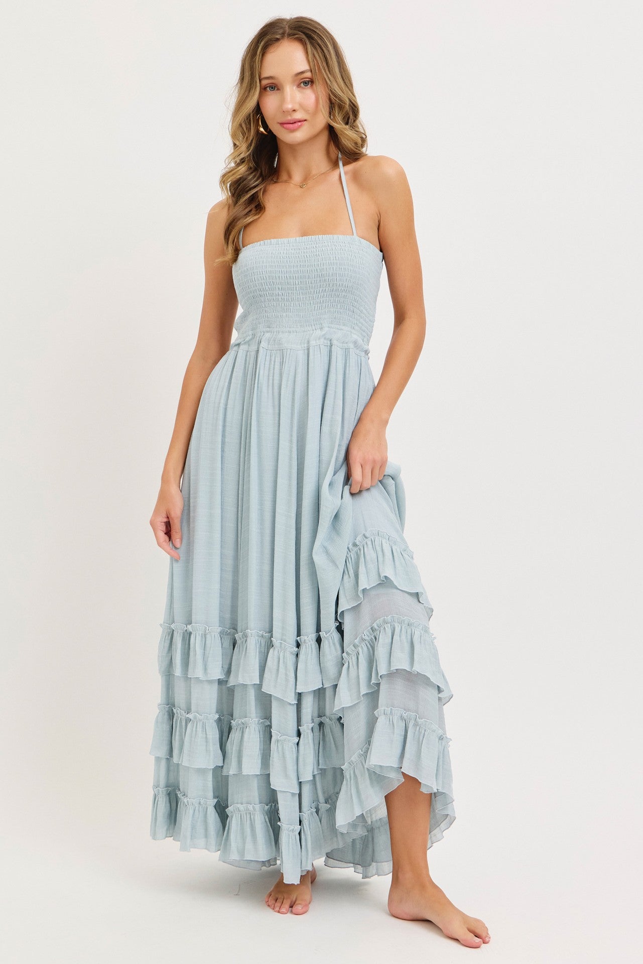 Light Blue Halter Smocked Ruffle Tier Hem Maternity Maxi Dress