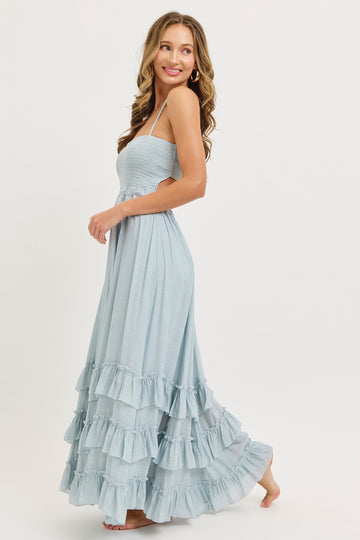 Light Blue Halter Smocked Ruffle Tier Hem Maxi Dress
