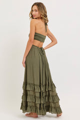 Olive Halter Smocked Ruffle Tier Hem Maxi Dress