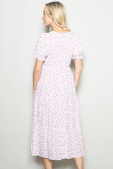 Pink Rose Floral Smocked Puff Sleeve Midi Dress