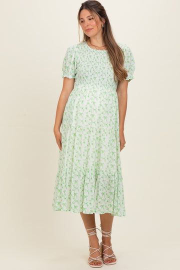 Light Green Rose Floral Smocked Puff Sleeve Maternity Midi Dress