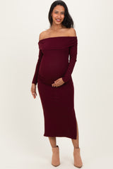 Wine Off Shoulder Ruched Side Slit Maternity Midi Dress