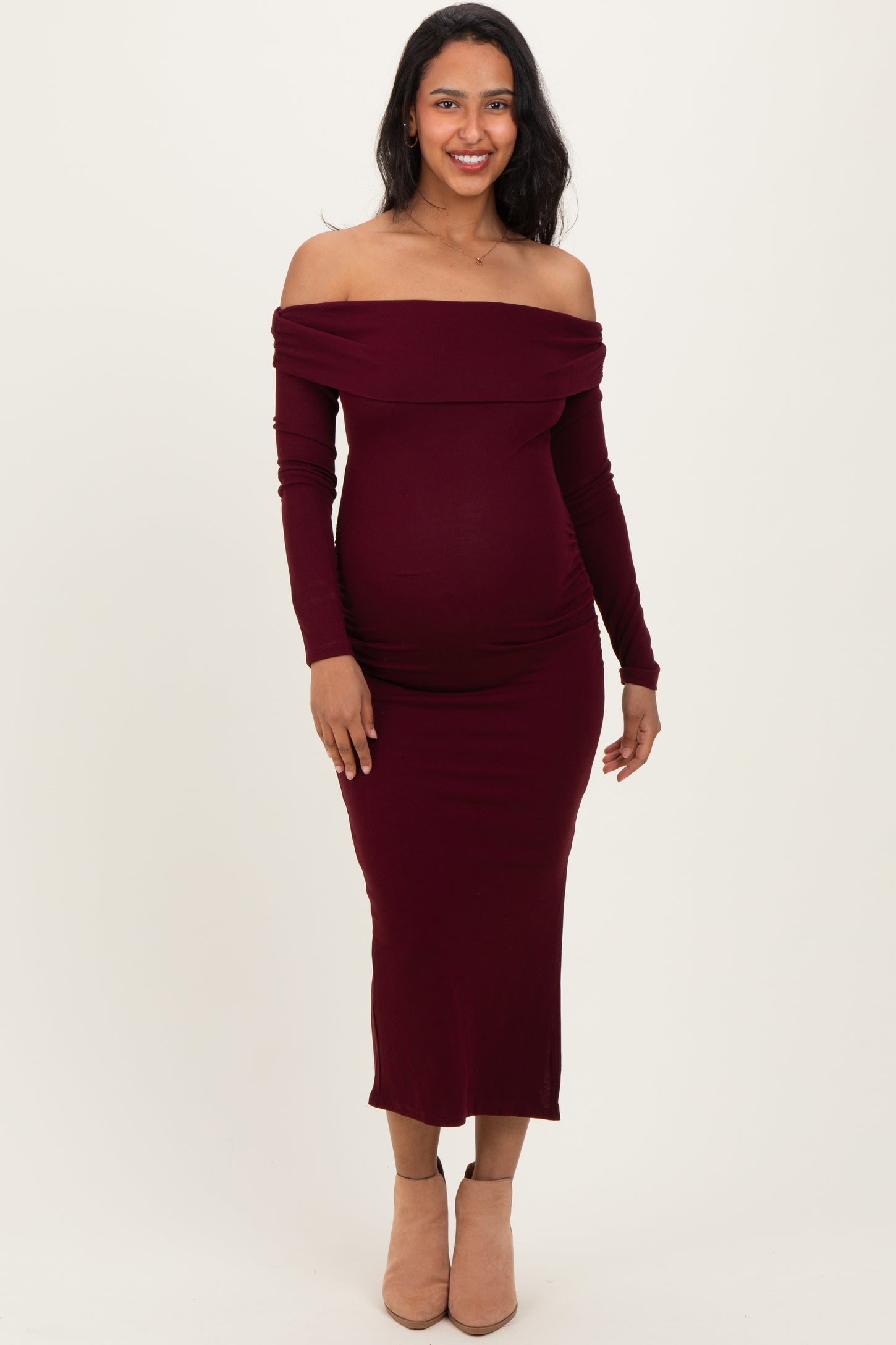 Wine Off Shoulder Ruched Side Slit Maternity Midi Dress