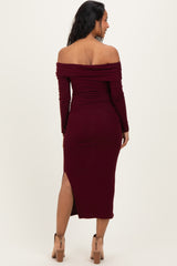 Wine Off Shoulder Ruched Side Slit Maternity Midi Dress