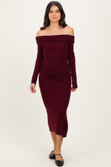 Wine Off Shoulder Ruched Side Slit Midi Dress